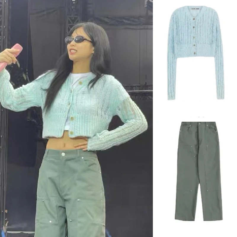 

Idol Kpop одежда однобортный синий короткий кардиган брюки карго корейский певец сценический Csotume Джаз Одежда для выступлений JL5295