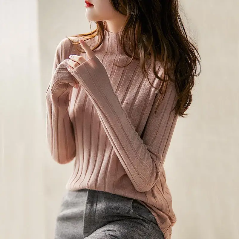 Autumn and Winter New Fashion Temperament Women's Clothing Half High Neck Long Sleeve Solid Color Versatile Commuter Pullover