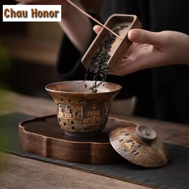 140ml Handmade Wood-fired Porcelain Gaiwan Dunhuang Frescoes Bowls Tea Tureen Tea Making Cover Bowl Cafes Supplies Ornament Gift