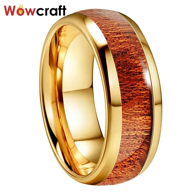 8mm Yellow Gold Tungsten Carbide Rings For Men Women Wood Inlay Wedding Band Polished with Comfort Fit