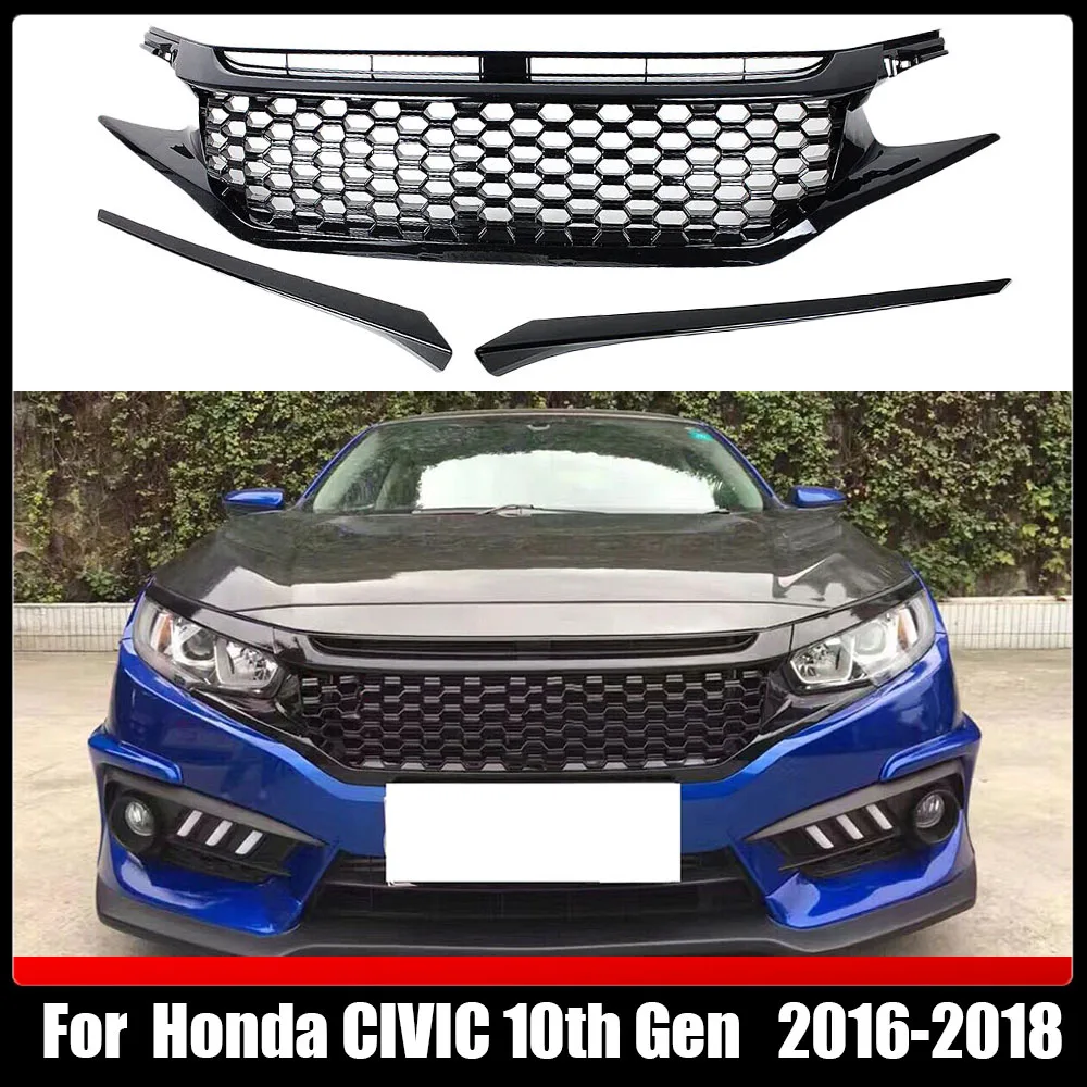 

Front Bumper Hood Mesh Racing Grill Grills ABS Glossy Black Grille With 2 Eyebrows For Trims For Honda CIVIC 10th Gen 2016-2018