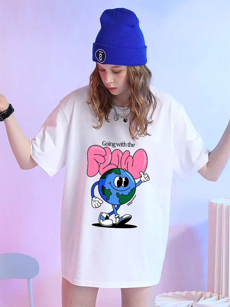 

Going With The Earth Cartoon & Slogan Graphic Print T Shirts Female Fashion Summer Breathable Clothes 100% Cotton T Shirts Women