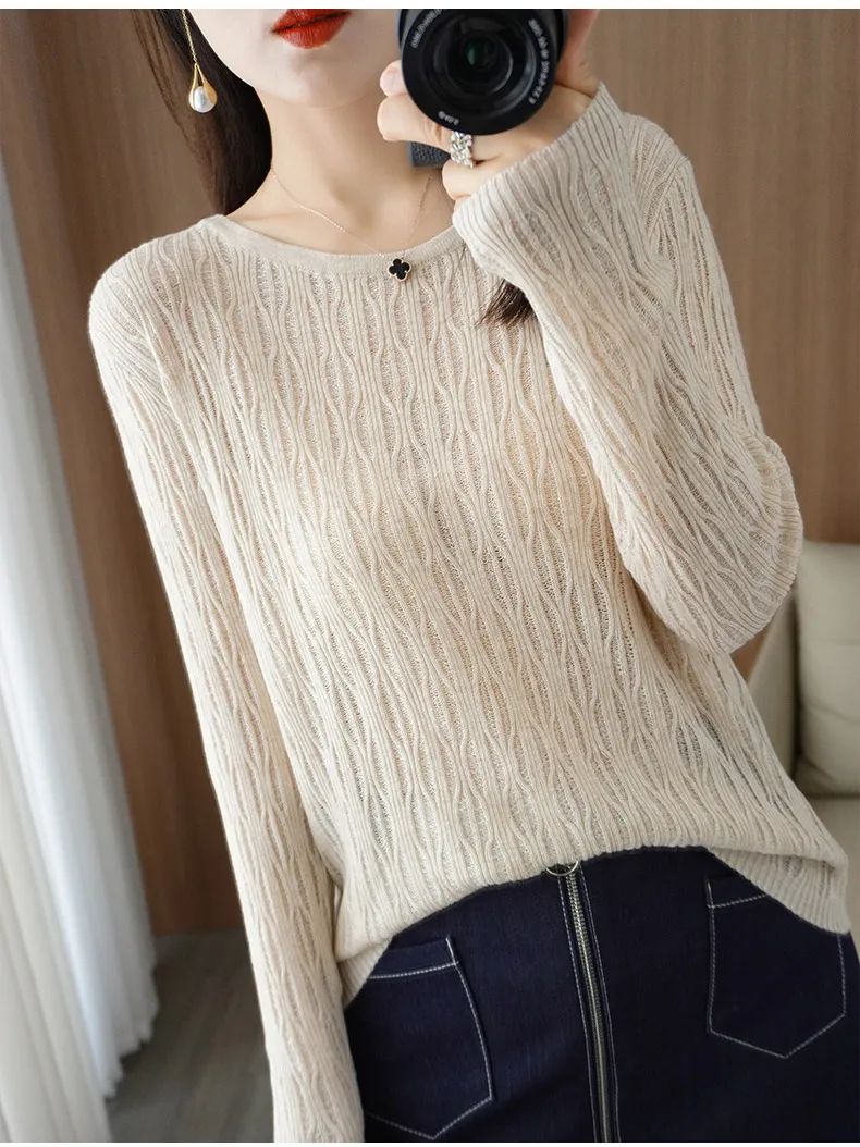 Autumn New Ladies Soft Breathable Sweater Wool Blend O-Neck Pullover Curved Hollow Out Knitted Sweater Slim-Fit Commuter Tops