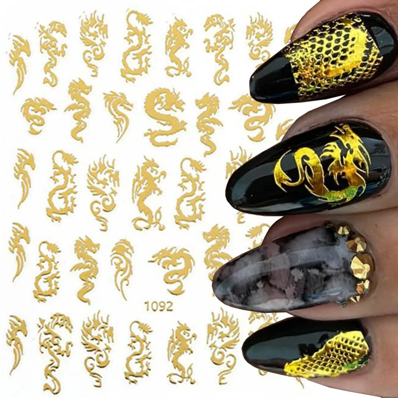 

Snake Dragons Design Nail Art Stickers Black Gold Snake Sliders DIY Adhesive Transfer Decals Nail Art Tips Decorations Manicure