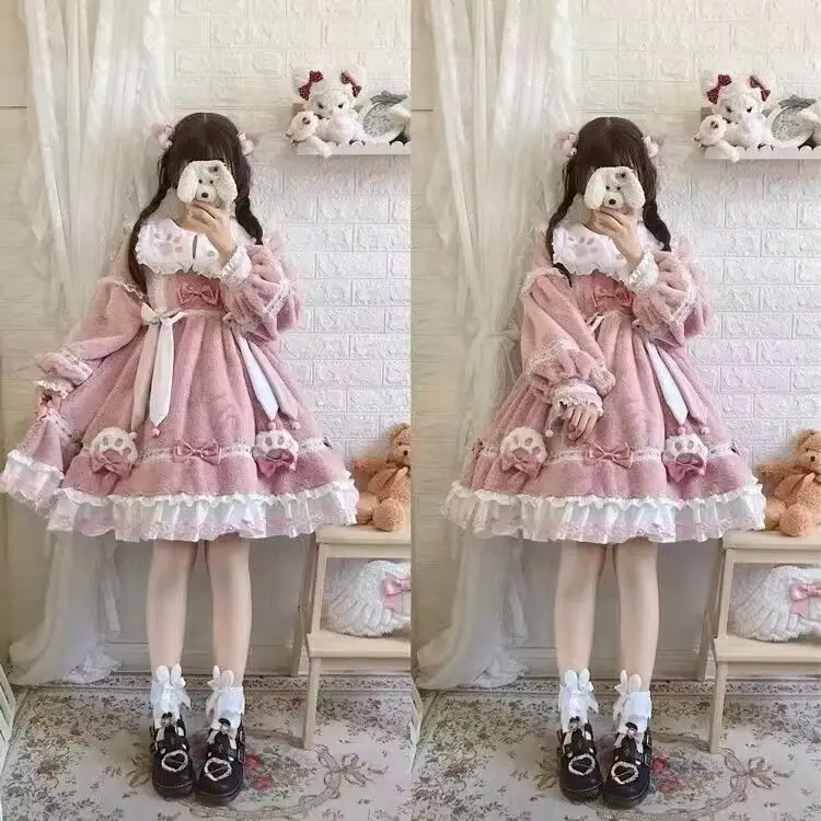 Little Milk Meow Cat Lolita Dress Plush Autumn Winter Long Sleeve Thickened New Year Clothes Birthday Party Girl Bag
