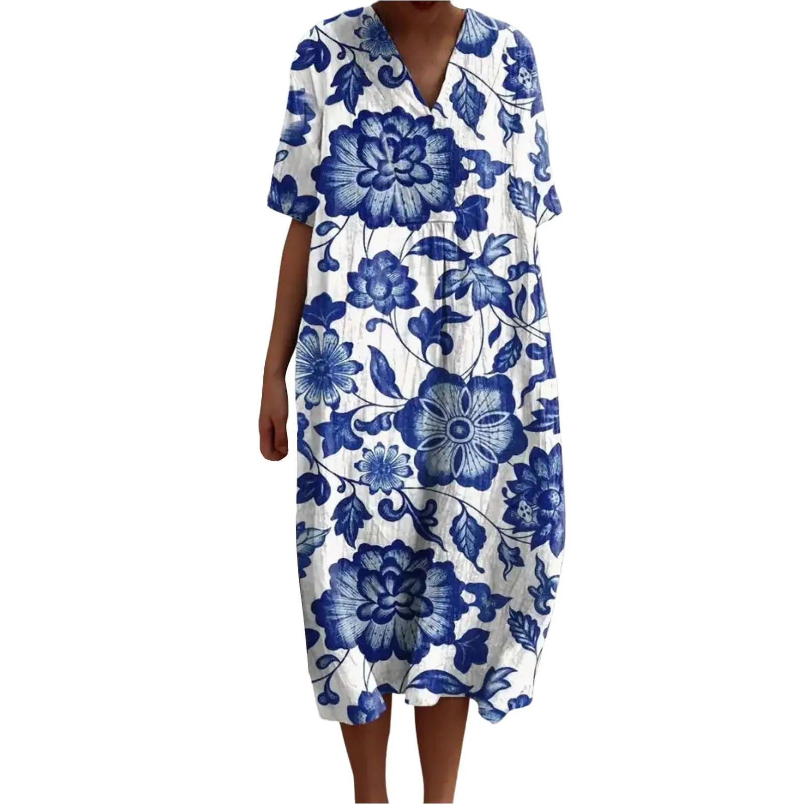 Womens Beach Cotton Linen Floral Printed Dresses With Pockets Casual And Streetwear Dress Long Shirts Plus Size 4xl 5xl