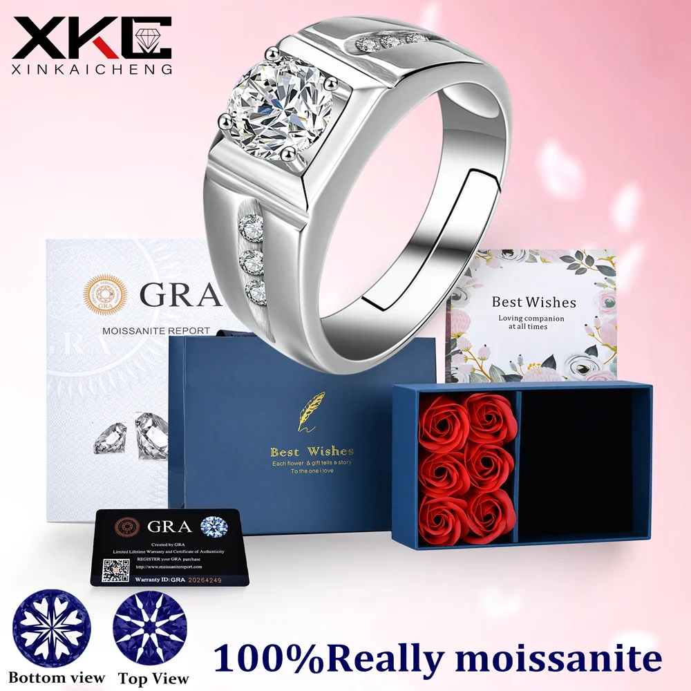 Gra D 1.00 Ct Mozambican Diamante Silice Carbonacea Un Carato Anello In Argento Sterling Per Uomo Con Semplice Anello Regolabile