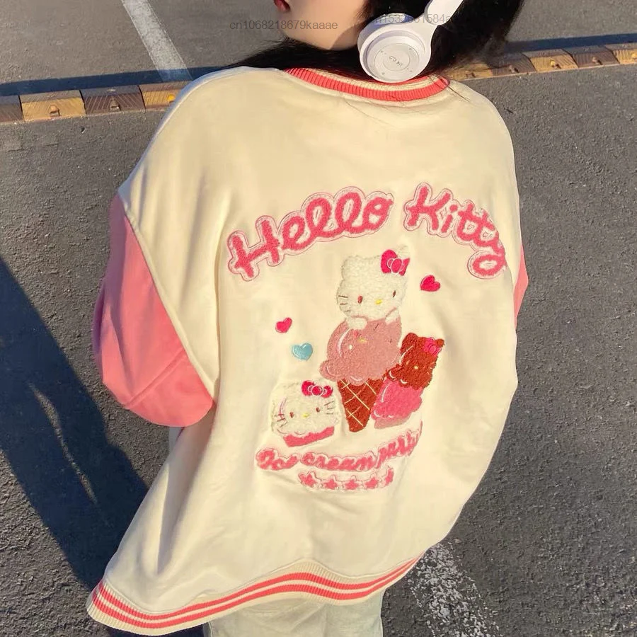 Hello Kitty Clothes Y2k Teenager Girl Luxury Design Embroidery Pink Jacket Baseball Jacket Fashion Coat Women Sweatshirt Plush