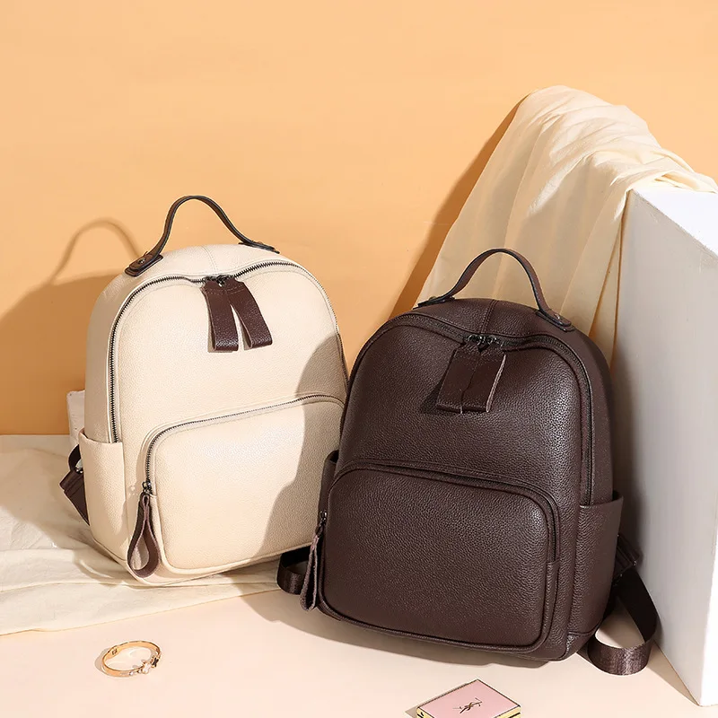 New 2023 Travel Leather Soft Leather Lightweight Simple Cowhide Travel Backpack For Teenage Girls