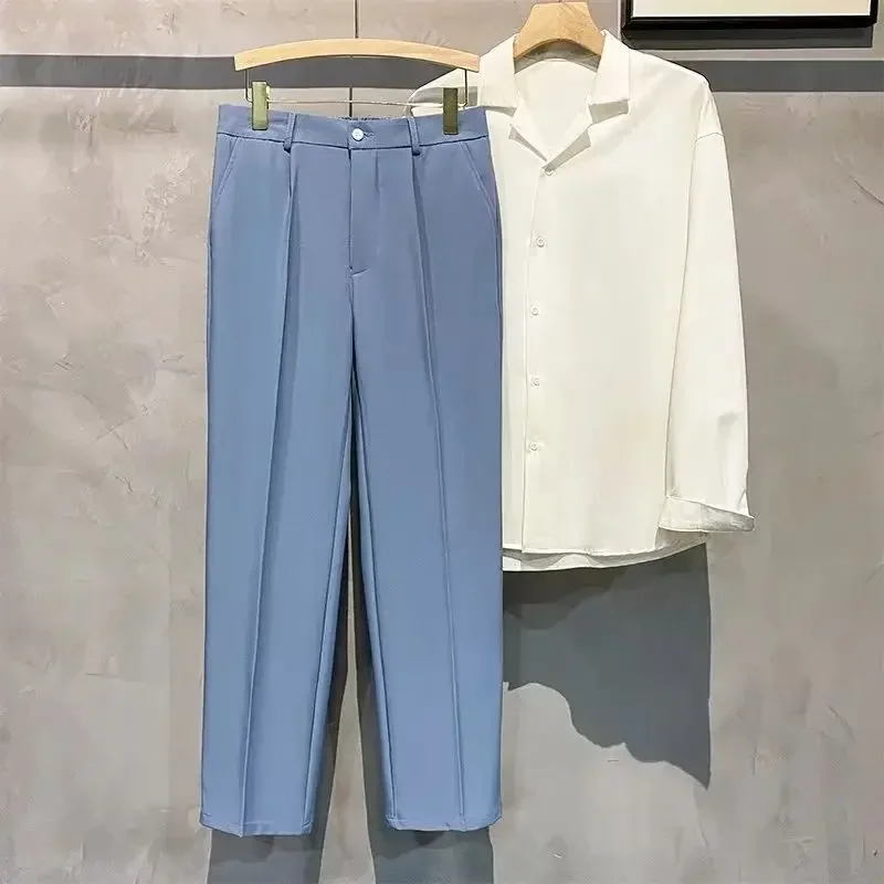 thumbnail image 1 of Pantalones de verano negros para hombre, 9 pantalones de traje para hombre, drapeados, fluidos, recortados, rectos, para el trabajo, 2024, finos, informales, elegantes, clásicos, nuevos, 1 of 5