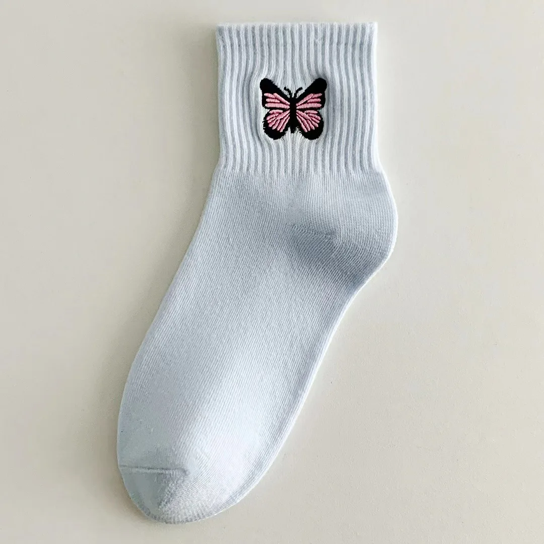 5Pairs/Lot High Quality Cotton Embroidery ButterflyCandy Color Soft Breathable,Absorb Sweat  Anti-bacterialWomen socks