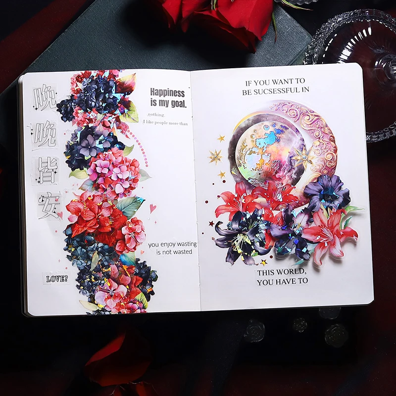 10 Pcs 애완 동물 빨간색 검은 꽃 스티커 장식 자연 식물 스티커 DIY 일기 앨범 스크랩북 재료 정크 저널 용품