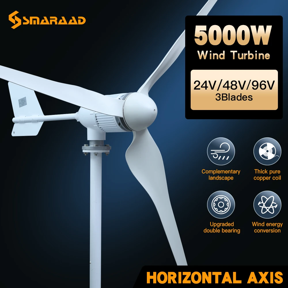 3KW 5KW Horizontal Wind Turbine Generators with Low Speed and Low Noise Battery System for Household