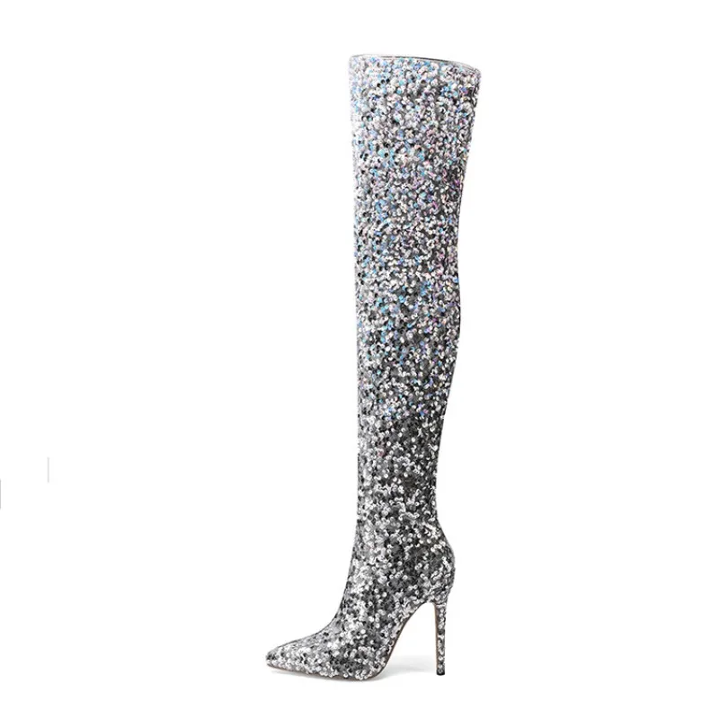 

European and American Sexy Gradient Sequin Knee Length Boots for Women's Nightclubs, Slim High Heels, Pointed Toe Runway Boots