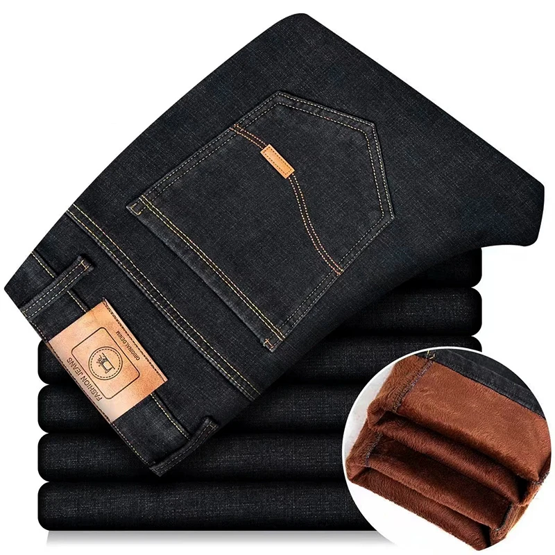 Men's Winter Fleece Warm Jeans Fashion Business Pants Vintage Classic Trousers Autumn Leisure Elastic Straight Work Jeans Men 6