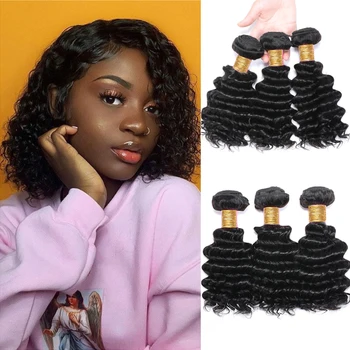 Extensioni di Capelli Umani Indiani Grezzi Afro Deep Wave, Fasci di Capelli Vergini Remy Ricci Profondi, Extension di Capelli Naturali