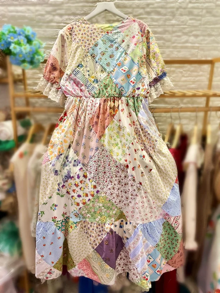 Cotton Patchwork Jacquard Lace Long Midi Dress Stylish Vintage