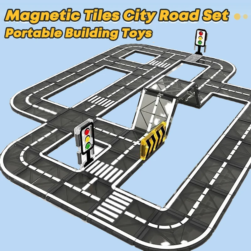 Magnetic Tiles Road Car Games Kids Toys Construction Set Connected Building Blocks STEM Activities Learning Open-ended Toys Boys magnetic building blocks magnetic assembly toy
