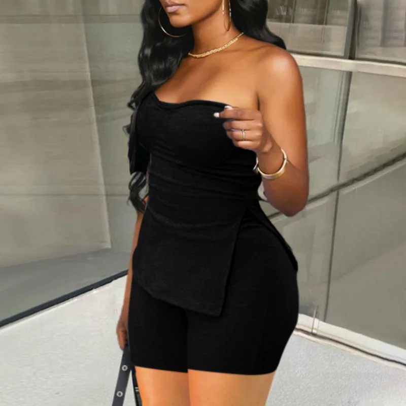Summer Women Solid Color Sexy Stretch Side Slit Backless Tube Top Crop Top And Short Set Casual Two Pieces Sets Women Short Sets