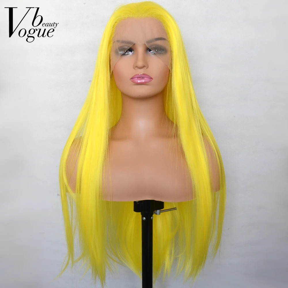 

Voguebeauty Yellow Synthetic Lace Front Wig Silky Straight Heat Resistant Fiber Natural Hairline Cosplay For Women