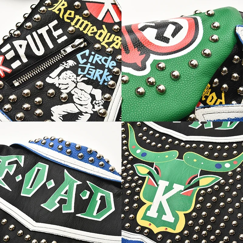 Rivets Motorcycle Leather Jacket for Women 2024 Trend Punk Style Graffiti Print Contrast Stitched Faux Leather Cropped Jacket