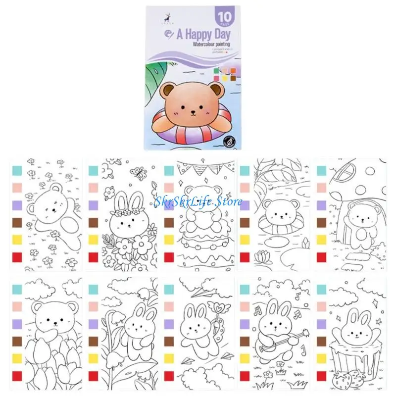 E65E Kids Sketch Drawing Book Pre Printed Watercolor Painting Book Multiple Themes