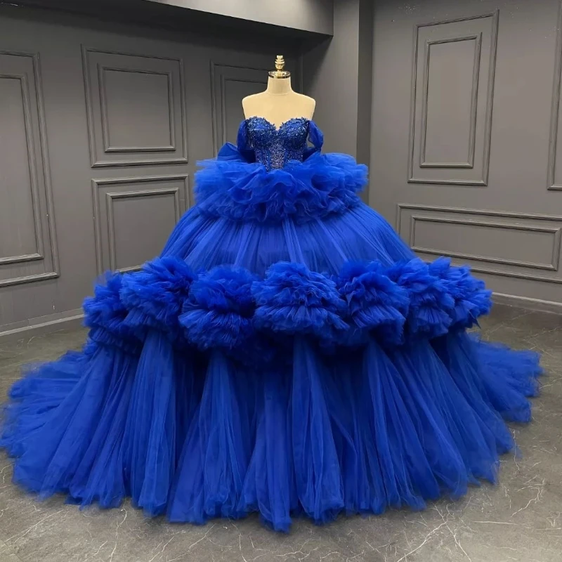 

Royal Blue Quinceanera Dresses Off The Shoulder Lace Beads Tull Tiered Sweet 16 Prom Birthday Party Gown Vestido De vx 15 Anos