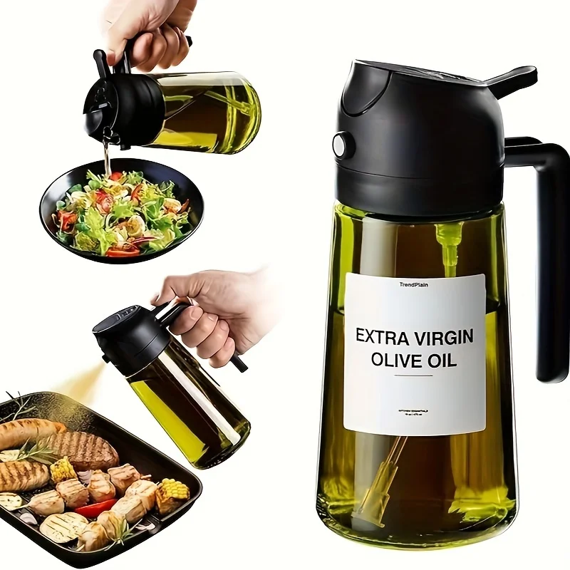 16oz Glass Olive Oil Dispenser with Spray Nozzle - 2-in-1 Kitchen Oil Sprayer and Dispenser Bottle with Sticker