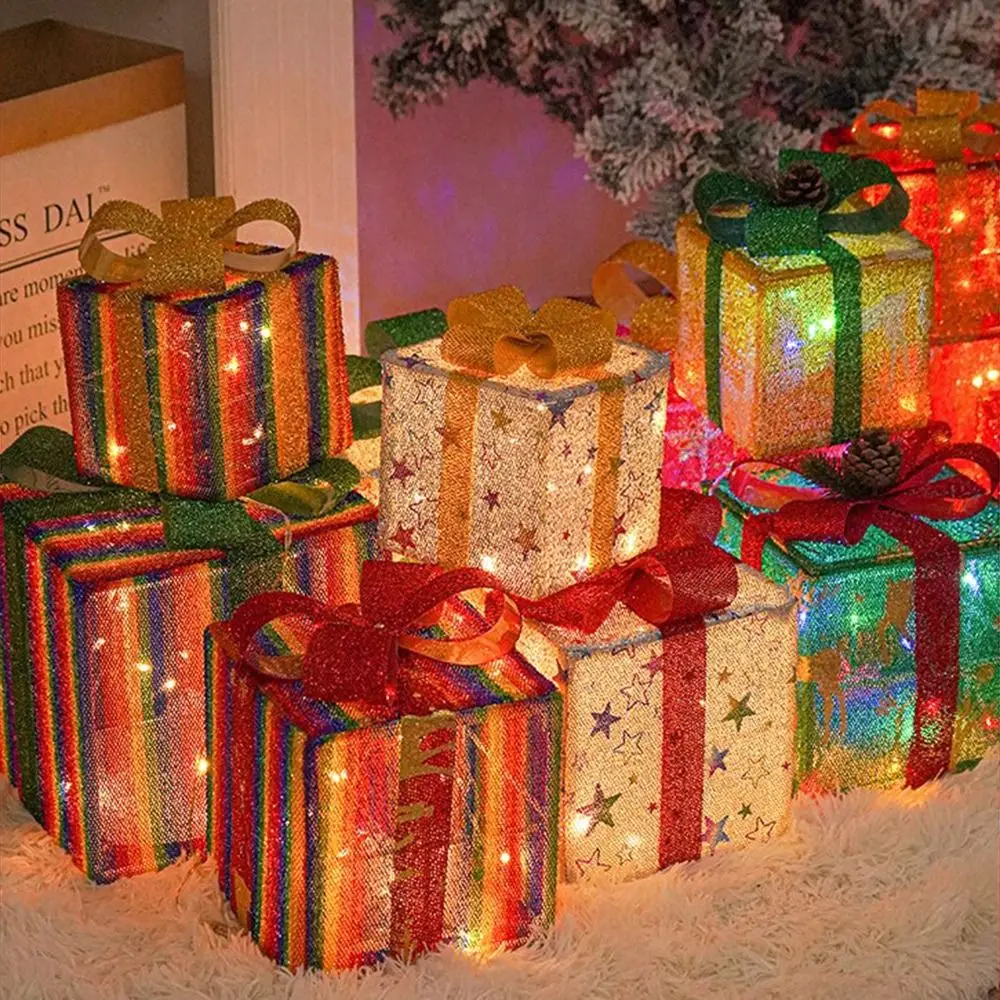 

3Pcs 8 Modes Christmas Glowing Decoration Star Elk Present Boxes with Bowknot Led Remote Control Luminous Christmas Gift Box