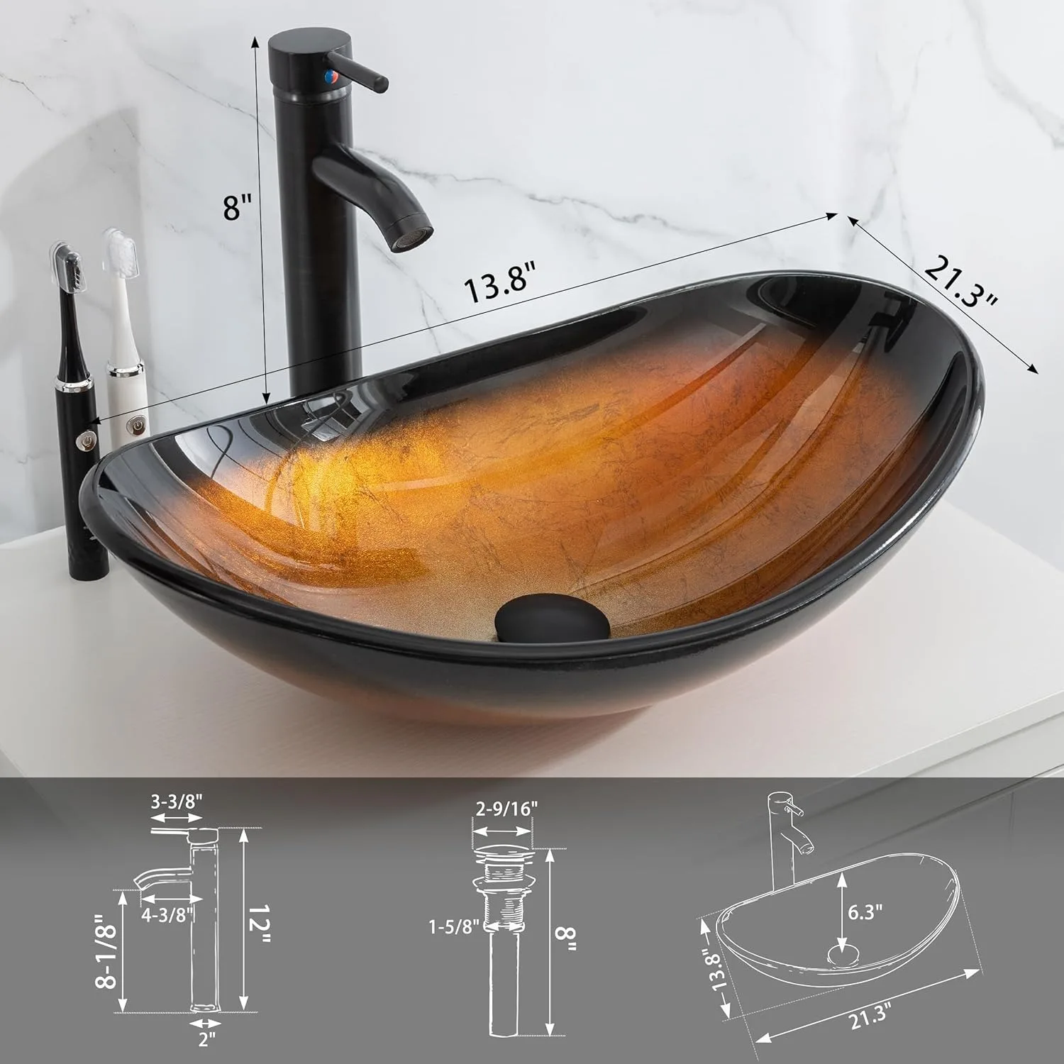 21.5" Bathroom Vessel Sink Artistic Single Brown Boat Glass Basin Countertop Bowl Sink for Lavatory Vanity Cabinet 6
