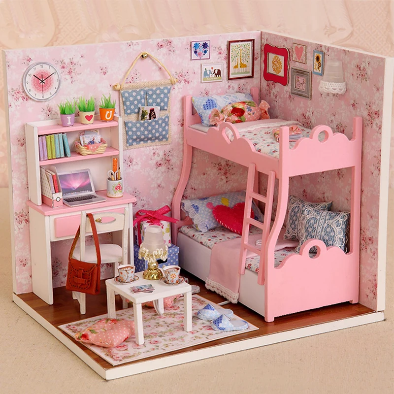 Wooden Miniature Dollhouse DIY Kit with Furniture - Princess Bedroom Decor & Toy Gift