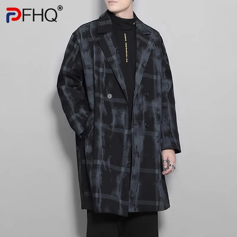 

PFHQ Men's Art Tie Dyed Print Trench Coat Autumn Handsome Haute Quality Darkwear Checkered Pattern Casual Windbreakers 21Z3303