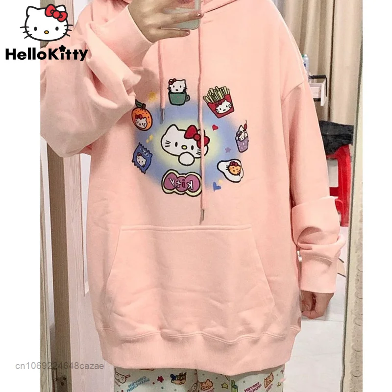 Sanrio Hello Kitty Pink Soft Hoodie Y2k Cute Plush Warm Autumn Winter Sweater Korean College Casual Student Clothes For Women