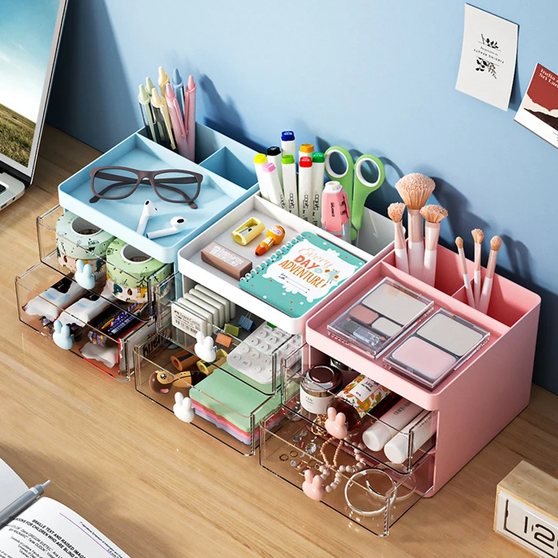 Makeup Organizer Multifunctional Desktop Storage Box With Drawers Makeup Brush Organizer Sundries School Office Stationery Pen Holder pen holder desk organizer pen and brush holder desk storage rack brush holder