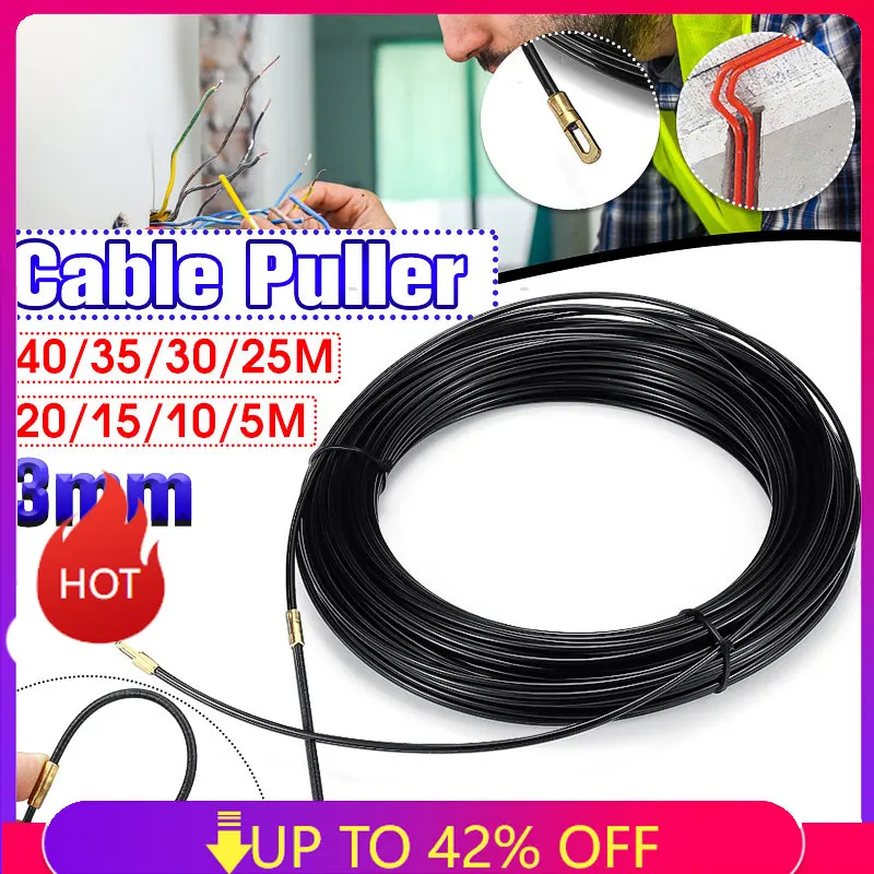 3MM Durable Black Fiberglass Electric Guide Device Cable Push Pullers Duct Snake Rodder Fish Tape Wire 5m to 40m Length