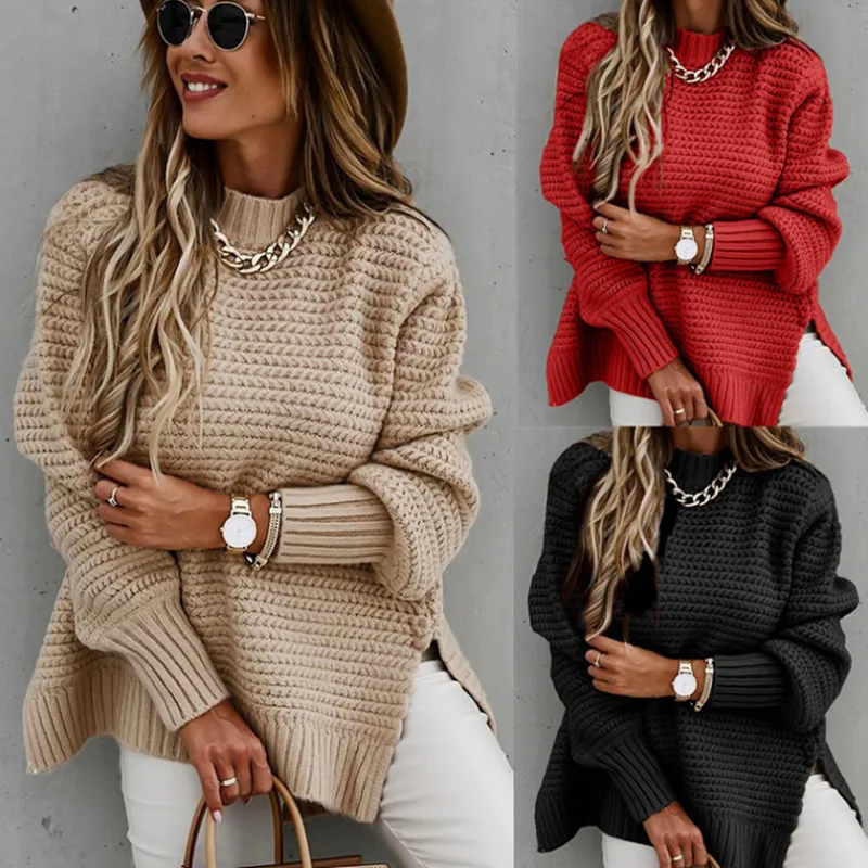 

Loose Half Turtleneck Fashion Women Sweaters Long Sleeve Thin Spring Autumn Two Side Split Solid Color Knit Casual Pullover Tops