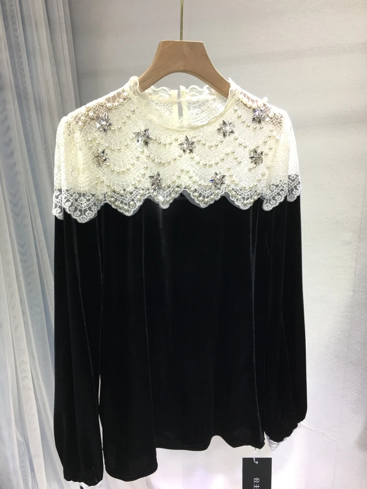 

New Autumn Winter Wowmen Basic T-shirt Fashion Lady Beads Pacthwork Lace Half High Collar Pullovers Top Slim Velvet Shirts