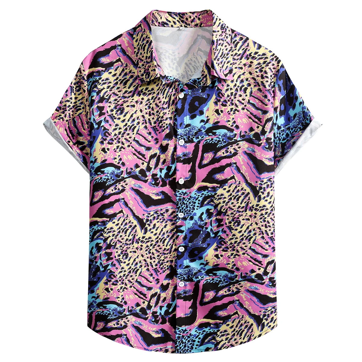 

Mens Colorful Leopard Printed Tropical Beach Shirt Tops Casual Short Sleeve Button Up Summer Hawaiian Vacation Shirt Men Camisas