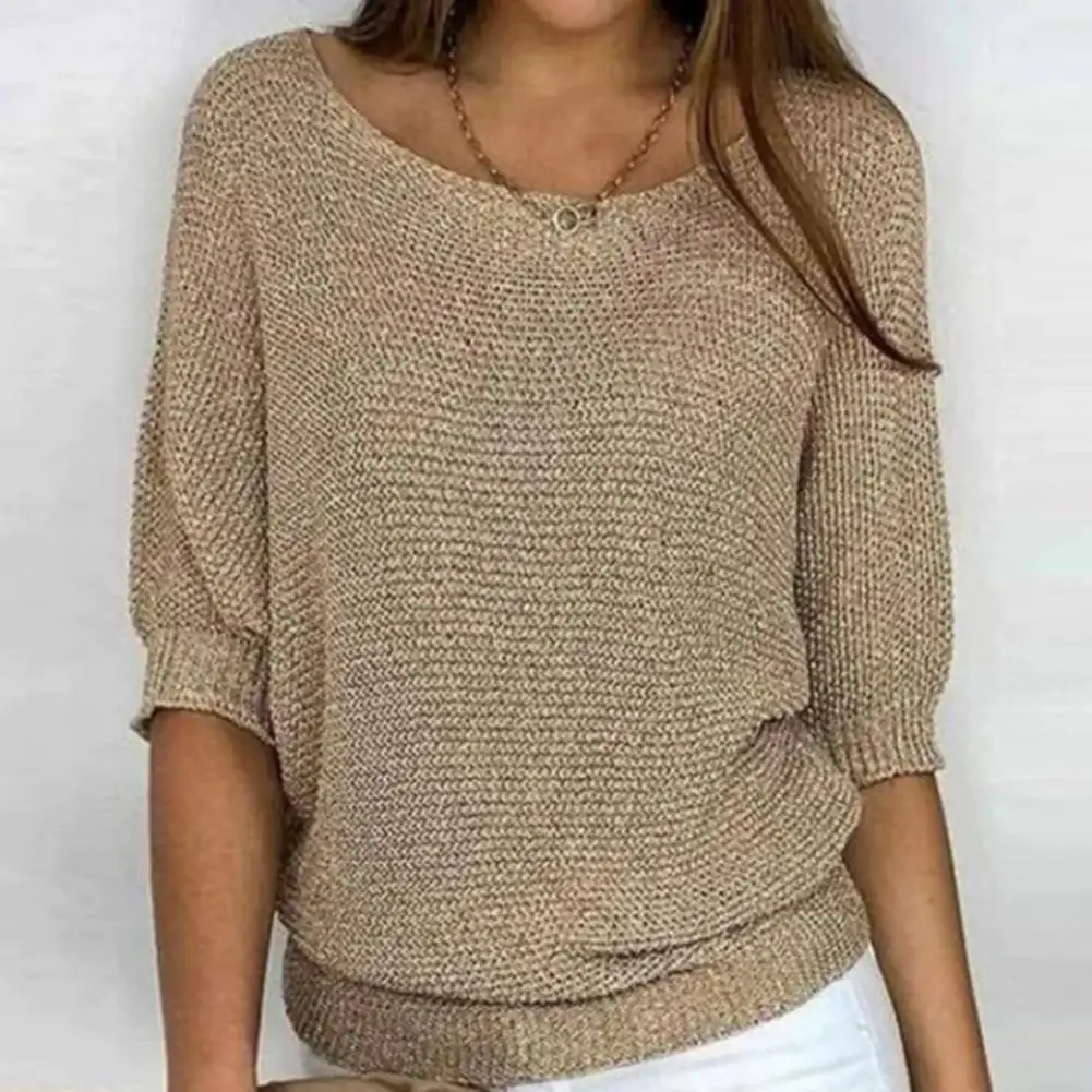 

Simple Casual Sweater Stylish Women's Knitwear Loose Fit Pullover Tops with 3/4 Sleeves for Autumn Winter Casual Round Neck