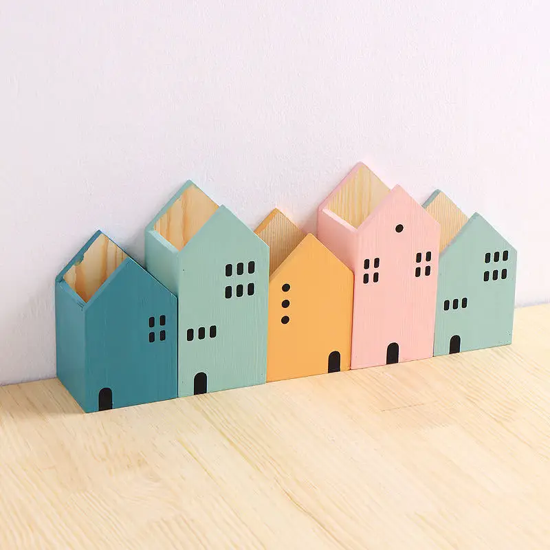 Pencil Case Desk Organizer Storage Organizer Pen Pouch Wooden House Pen Holder for Home Office