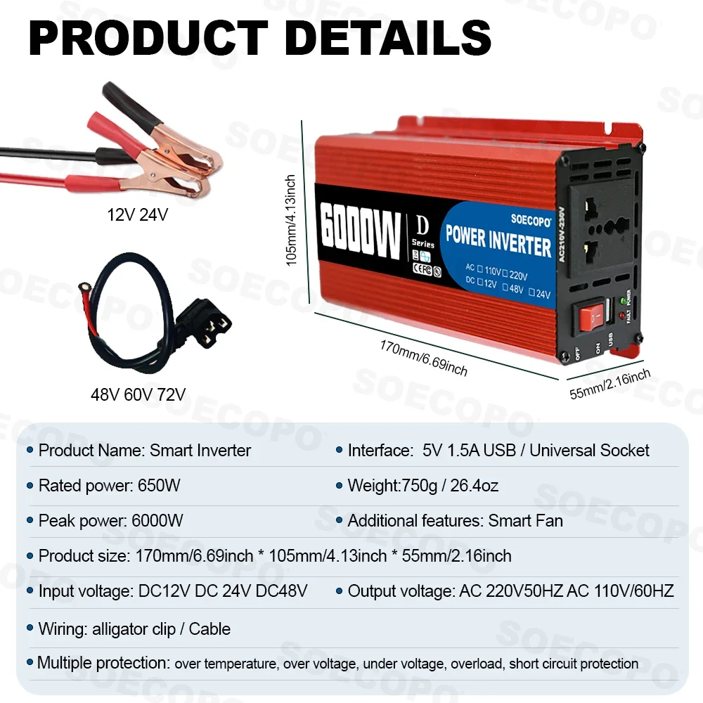 6000W Portable Smart Inverter 12V/24V/48V to 110V/220V AC with USB Port & Alligator Clamps for RVs Trucks Worldwide CE Certified