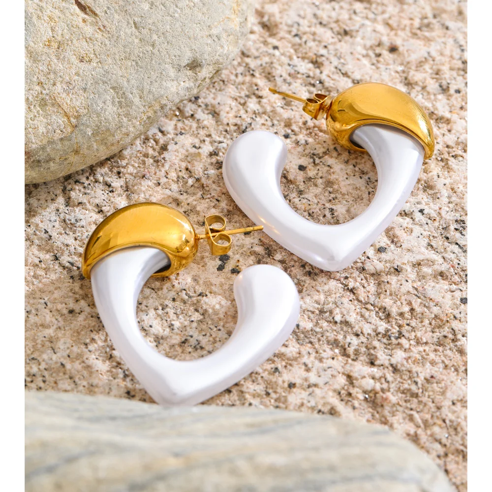 Yhpup Vintage Imitation Pearl Heart Hollow Earrings Stainless Steel