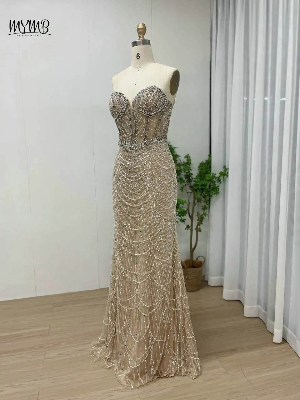MYMB Sexy Liebsten Meerjungfrau Champagner Luxus Abendkleid vestidos de gala Stilvolle Perlen Arabisch Frauen Hochzeit Party Kleid – Detail 7