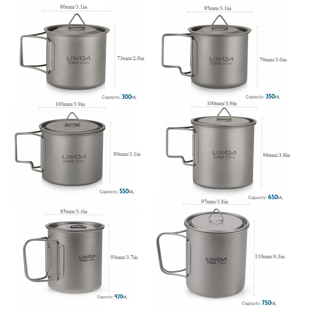 Portable Cups Portable Folding Cups Titanium Cup Lixada Ultralight Titanium Cup Portable Camping Picnic Water Cup Mug with Foldable Handle 300ml/350ml/420ml/550ml/650ml/750ml