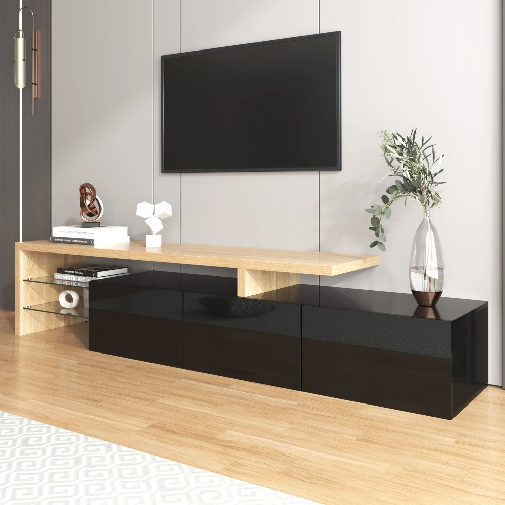 Moderner Wohnzimmer-TV-Schrank, mit LED-Beleuchtung, Praktischer Stauraum, Hochglanz-Schwarz TV-Ständer, Holzoptik, Glasböden – Detail 3