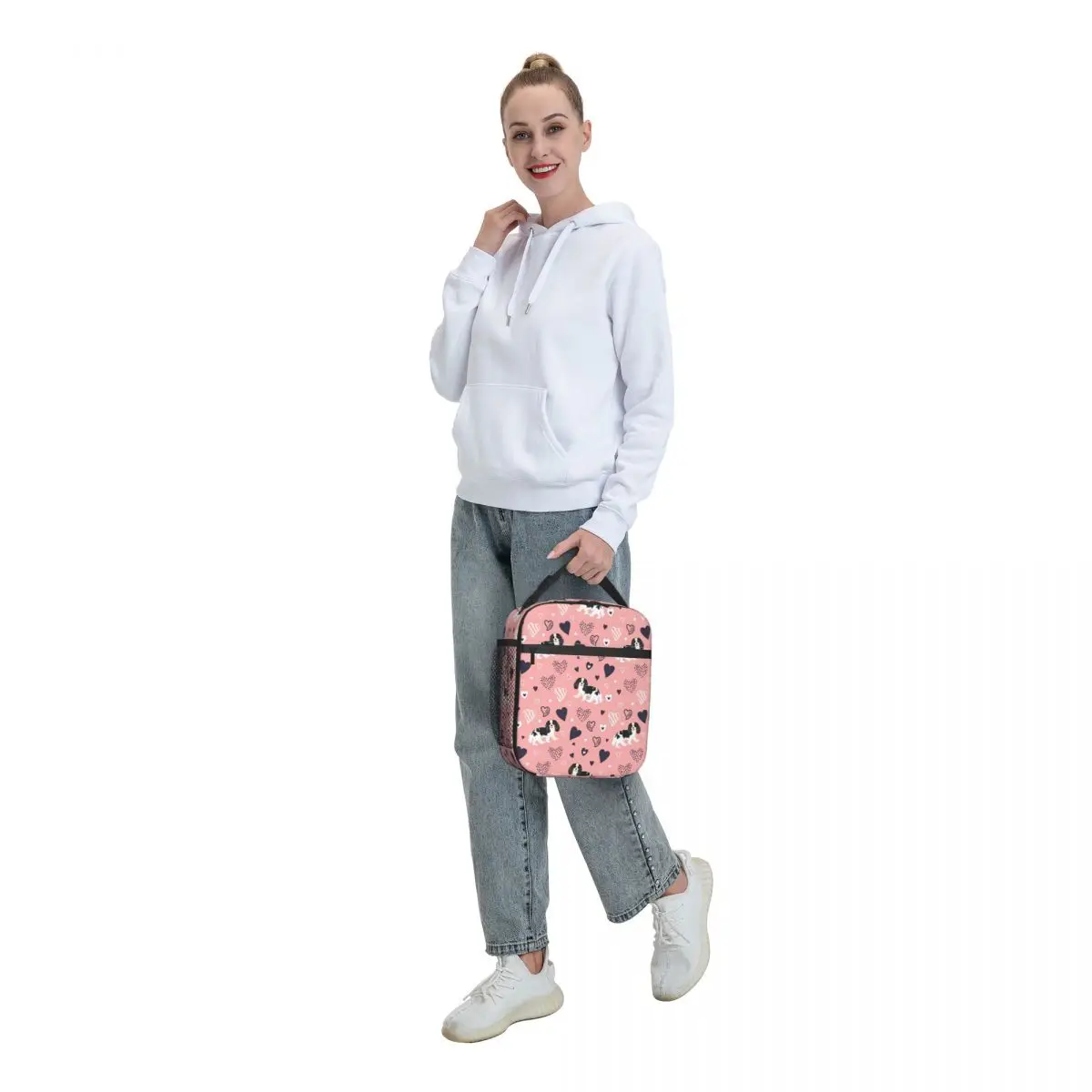 Love Black And White Cavalier King Charles Spaniel Thermal Insulated Lunch Bags Pink Pet Dog Lunch Tote Multifunction Food Box
