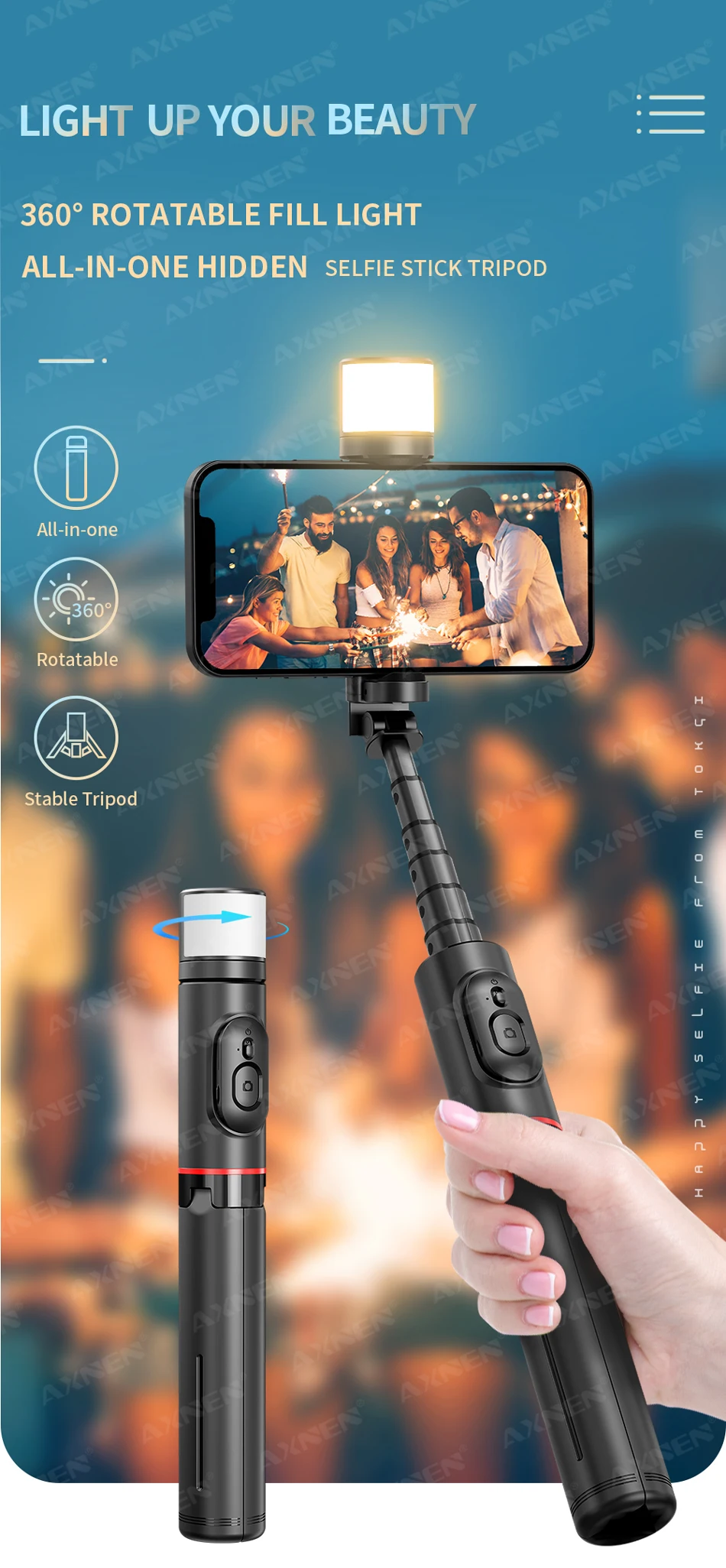 Description Picture 2 of itemQ12S Foldable Wireless Selfie Stick Bluetooth Monopod with Remote Shutter Fill Light Tripod for iPhone Android Huawei 2023 NEW