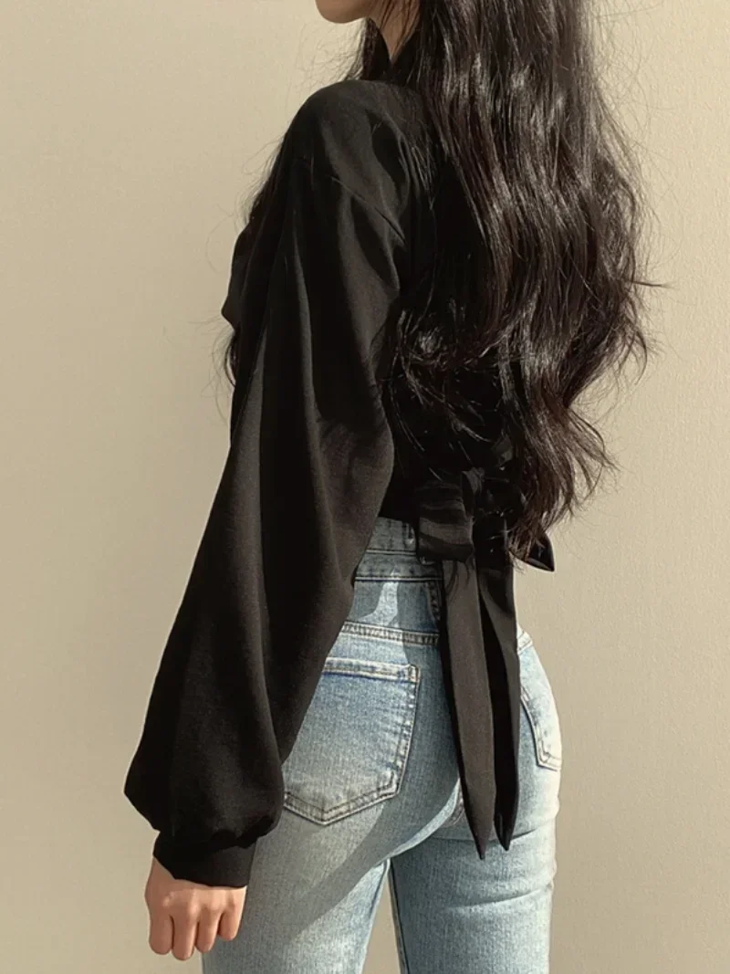 French Style Fashion Polo Collar Long Sleeve Women's Shirts 2023 Autumn Korean Style Sweet Back Lace Up Bow Short Blouse Top