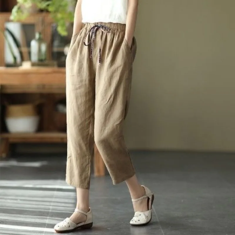 Women's Elastic High Waisted Loose 2024 Summer New Japan Style Sweet Drawstring Solid Color Pocket Straight Harlan Casual Pants