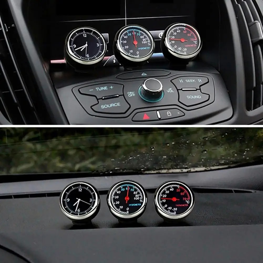 Car Interior Mini Quartz Watch Clock Hygrometer Thermometer Dashboard Ornament Clock Temperature Meter Clock Humidity Meter 1pc